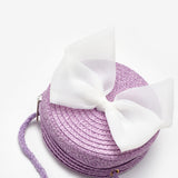 Lila Beyaz Fiyonklu Kız Çocuk Hasır Çanta