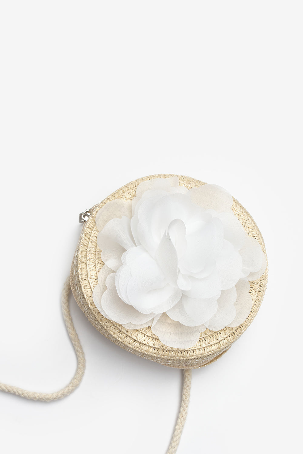 Beyaz  Gül Detaylı Kız Çocuk Hasır Çanta