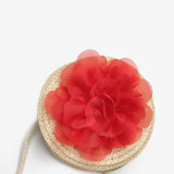 Kırmızı  Gül Detaylı Kız Çocuk Hasır Çanta