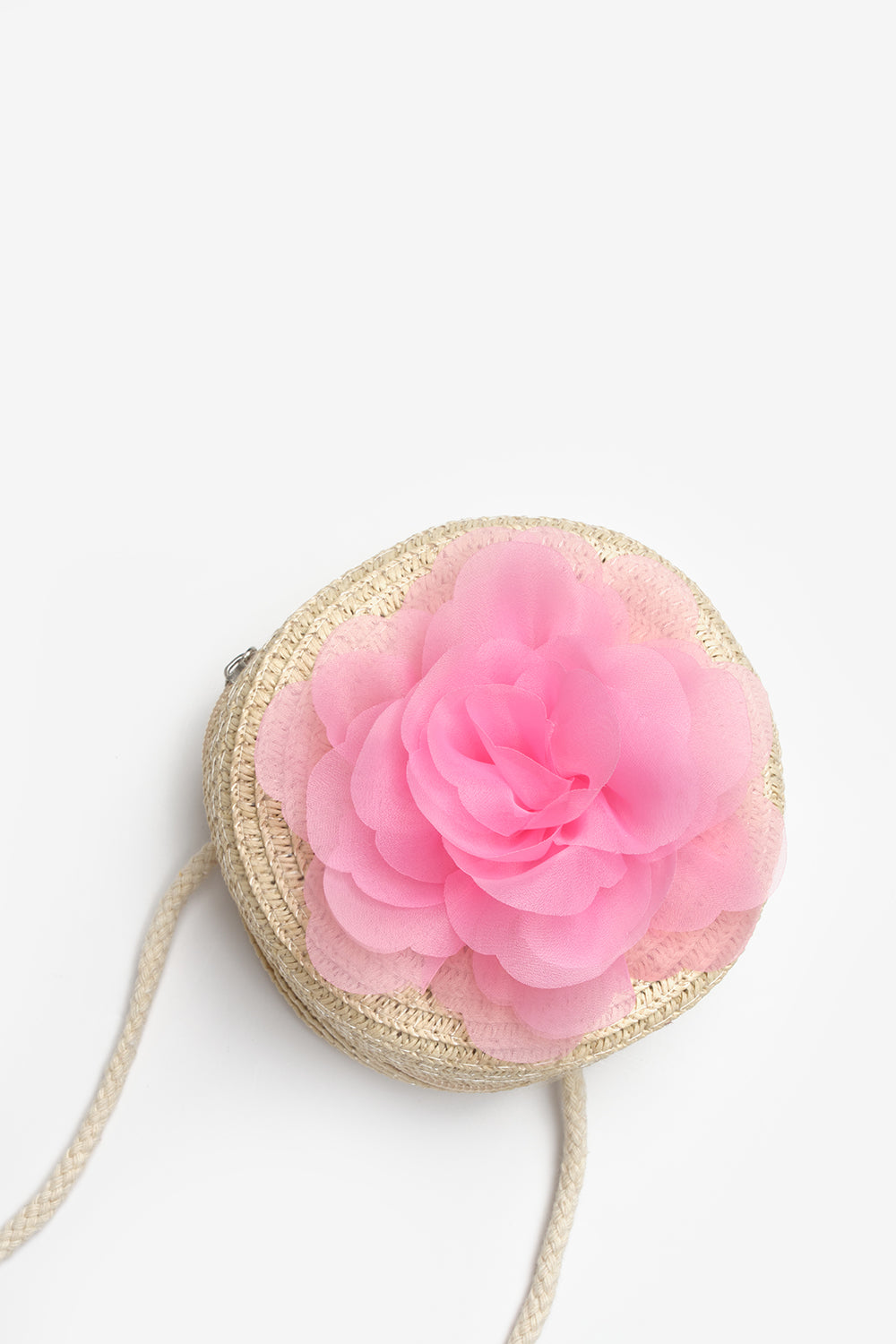 Pembe  Gül Detaylı Kız Çocuk Hasır Çanta