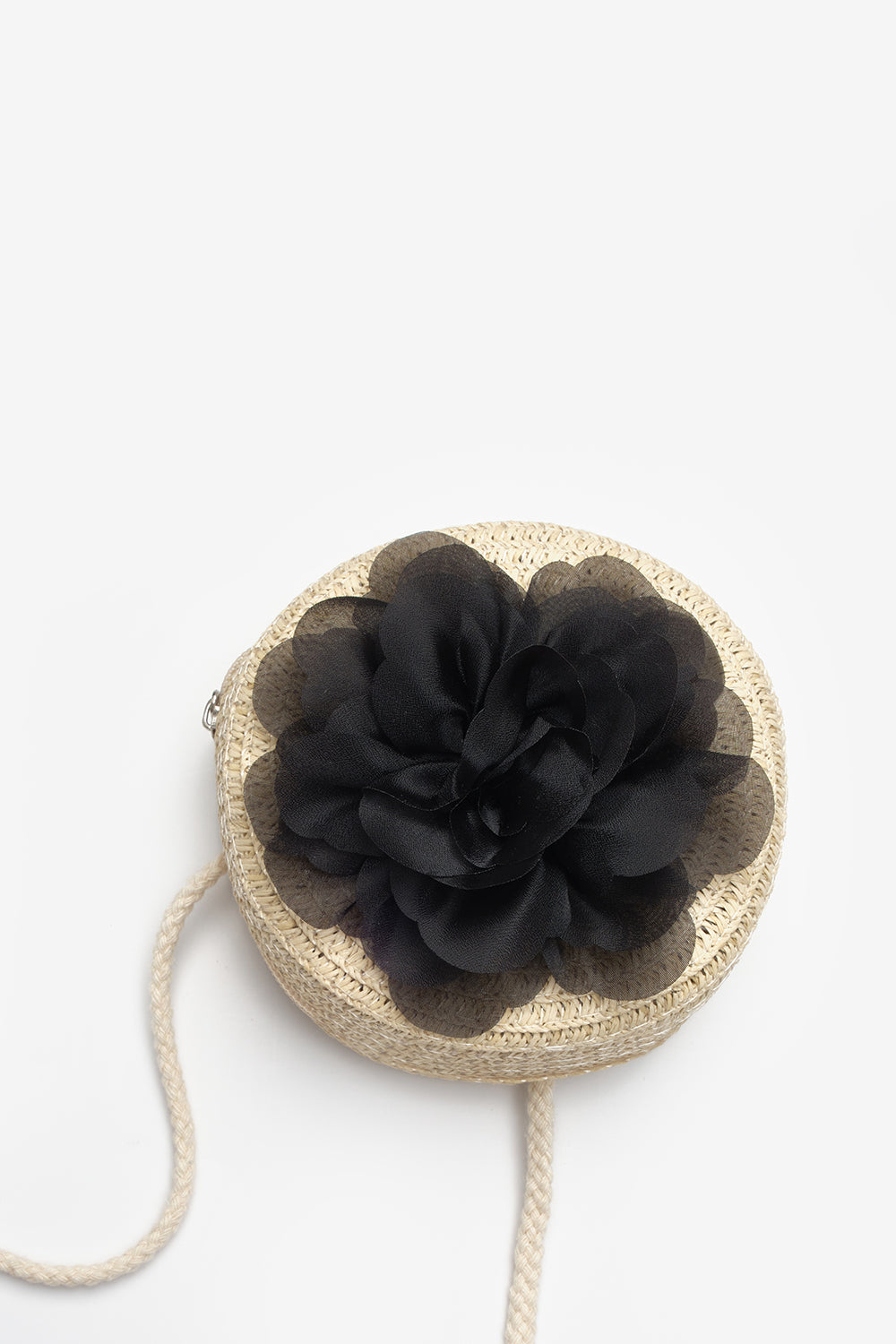 Siyah  Gül Detaylı Kız Çocuk Hasır Çanta