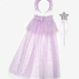 Lila  Gümüş Yıldız Desenli Kız Çocuk Pelerin Asa ve Taç Set