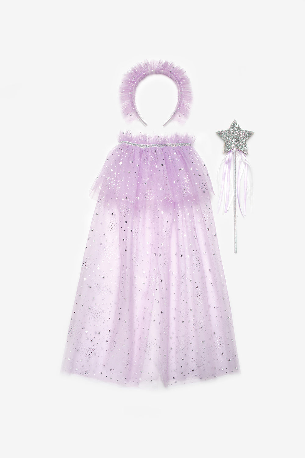 Lila  Gümüş Yıldız Desenli Kız Çocuk Pelerin Asa ve Taç Set