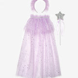 Lila  Gümüş Yıldız Desenli Kız Çocuk Pelerin Asa ve Taç Set