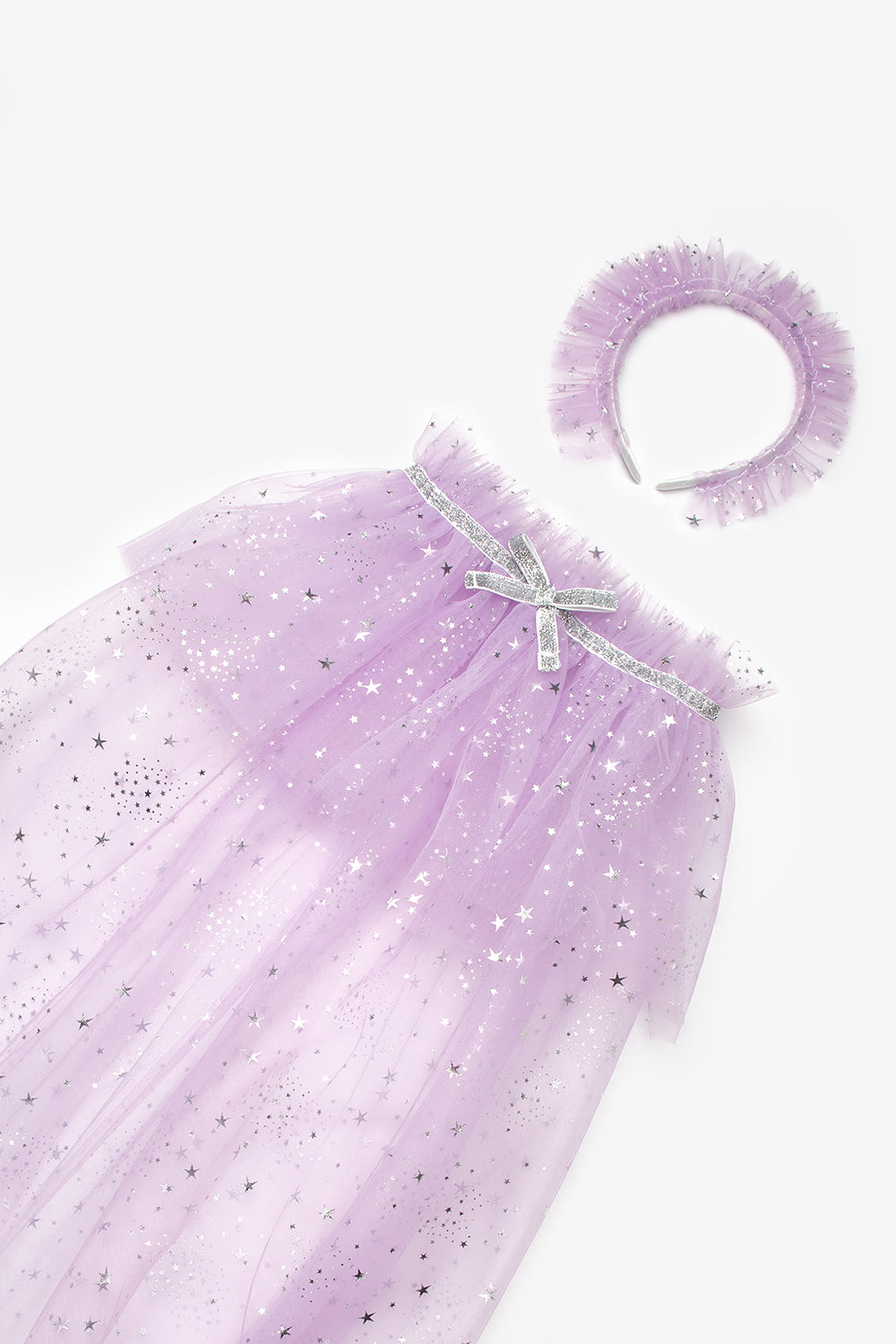 Lila  Gümüş Yıldız Desenli Kız Çocuk Pelerin Asa ve Taç Set