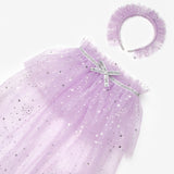 Lila  Gümüş Yıldız Desenli Kız Çocuk Pelerin Asa ve Taç Set