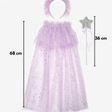 Lila  Gümüş Yıldız Desenli Kız Çocuk Pelerin Asa ve Taç Set