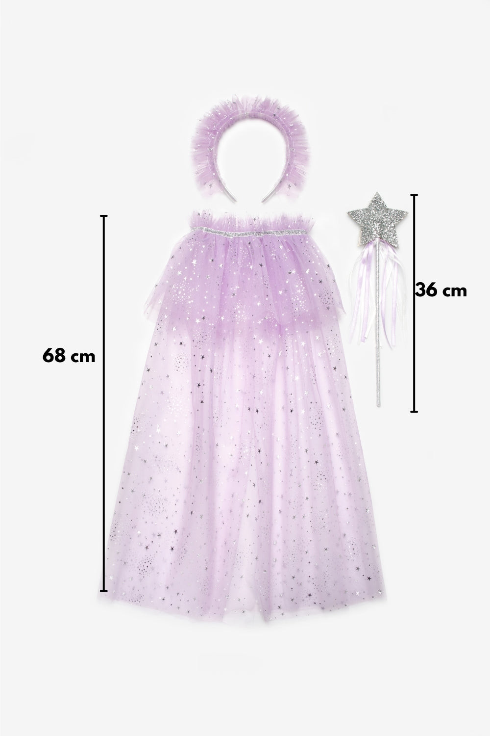 Lila  Gümüş Yıldız Desenli Kız Çocuk Pelerin Asa ve Taç Set