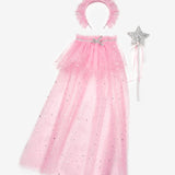 Pembe  Gümüş Yıldız Desenli Kız Çocuk Pelerin Asa ve Taç Set