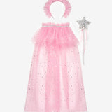 Pembe  Gümüş Yıldız Desenli Kız Çocuk Pelerin Asa ve Taç Set
