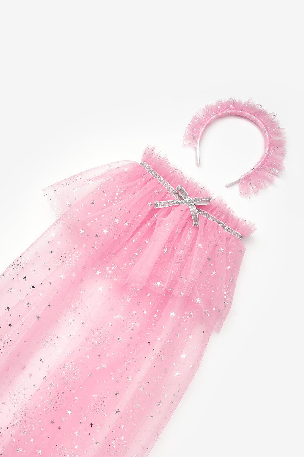 Pembe  Gümüş Yıldız Desenli Kız Çocuk Pelerin Asa ve Taç Set