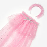 Pembe  Gümüş Yıldız Desenli Kız Çocuk Pelerin Asa ve Taç Set