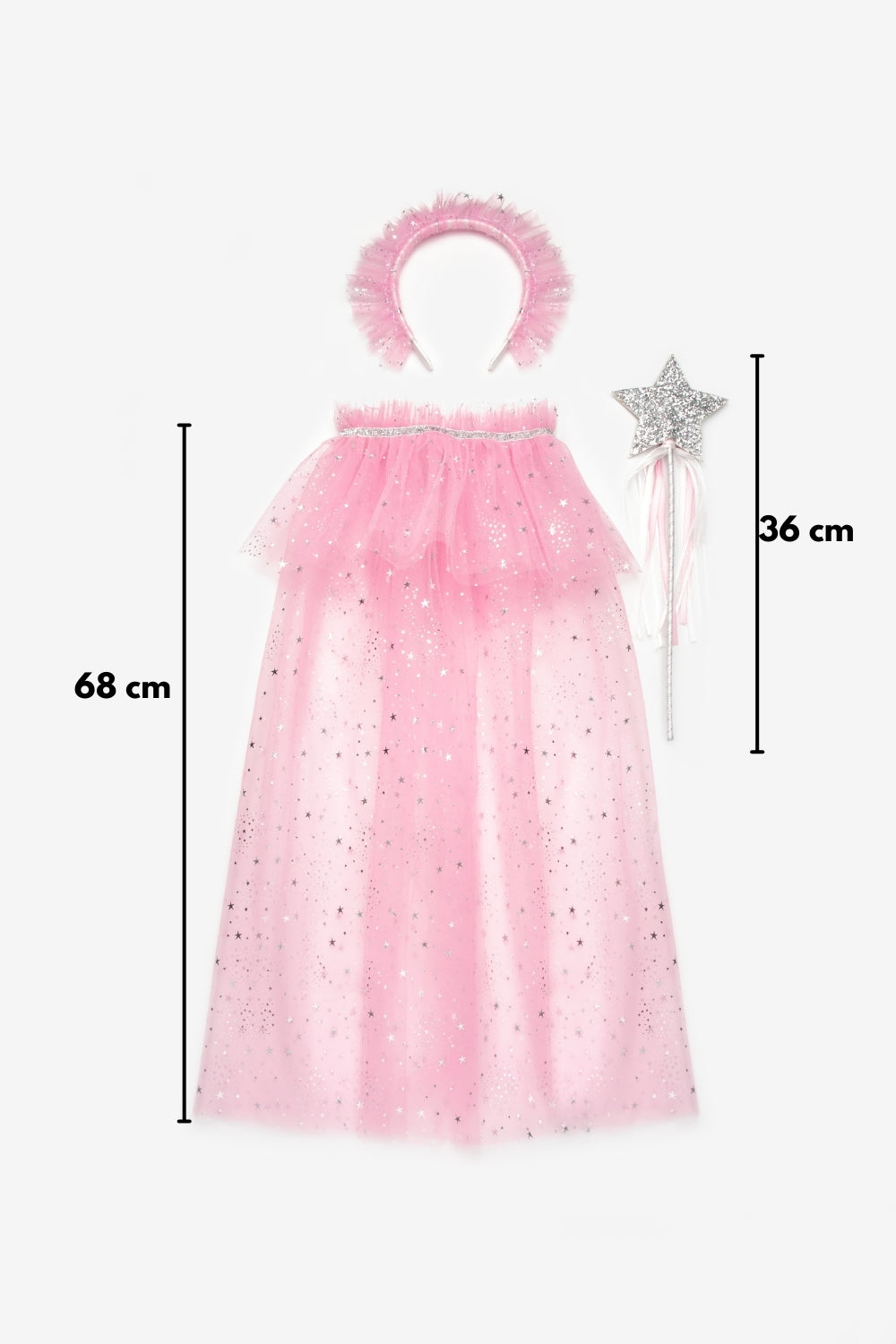 Pembe  Gümüş Yıldız Desenli Kız Çocuk Pelerin Asa ve Taç Set