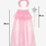 Pembe  Gümüş Yıldız Desenli Kız Çocuk Pelerin Asa ve Taç Set