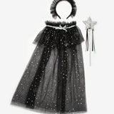 Siyah  Gümüş Yıldız Desenli Kız Çocuk Pelerin Asa ve Taç Set