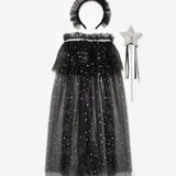 Siyah  Gümüş Yıldız Desenli Kız Çocuk Pelerin Asa ve Taç Set