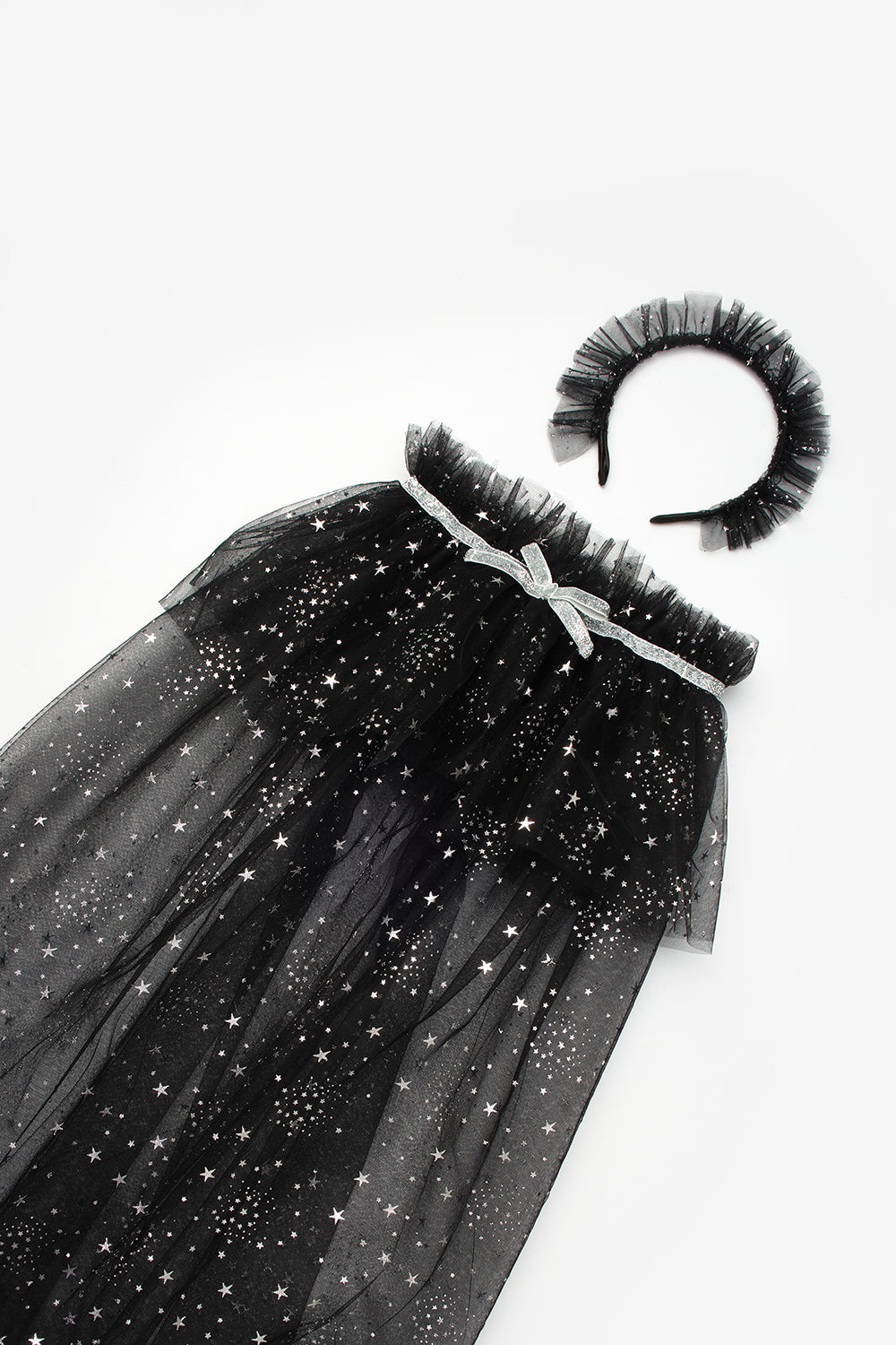 Siyah  Gümüş Yıldız Desenli Kız Çocuk Pelerin Asa ve Taç Set