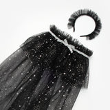 Siyah  Gümüş Yıldız Desenli Kız Çocuk Pelerin Asa ve Taç Set