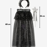 Siyah  Gümüş Yıldız Desenli Kız Çocuk Pelerin Asa ve Taç Set
