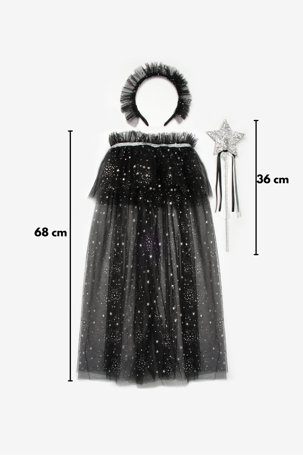 Siyah  Gümüş Yıldız Desenli Kız Çocuk Pelerin Asa ve Taç Set