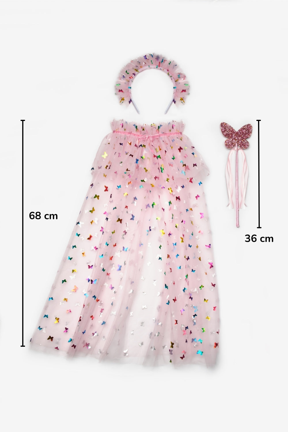 Pembe  Kelebek Baskılı Kız Çocuk Pelerin Asa ve Taç Set
