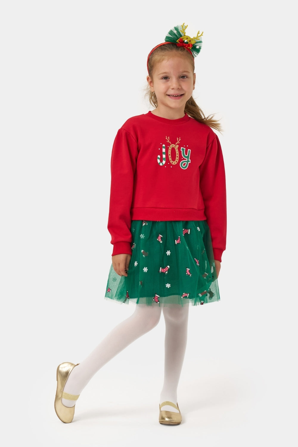 Kırmızı  Joy Baskılı Tül Etekli Kız Çocuk Elbise - Fragile