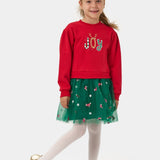 Kırmızı  Joy Baskılı Tül Etekli Kız Çocuk Elbise - Fragile