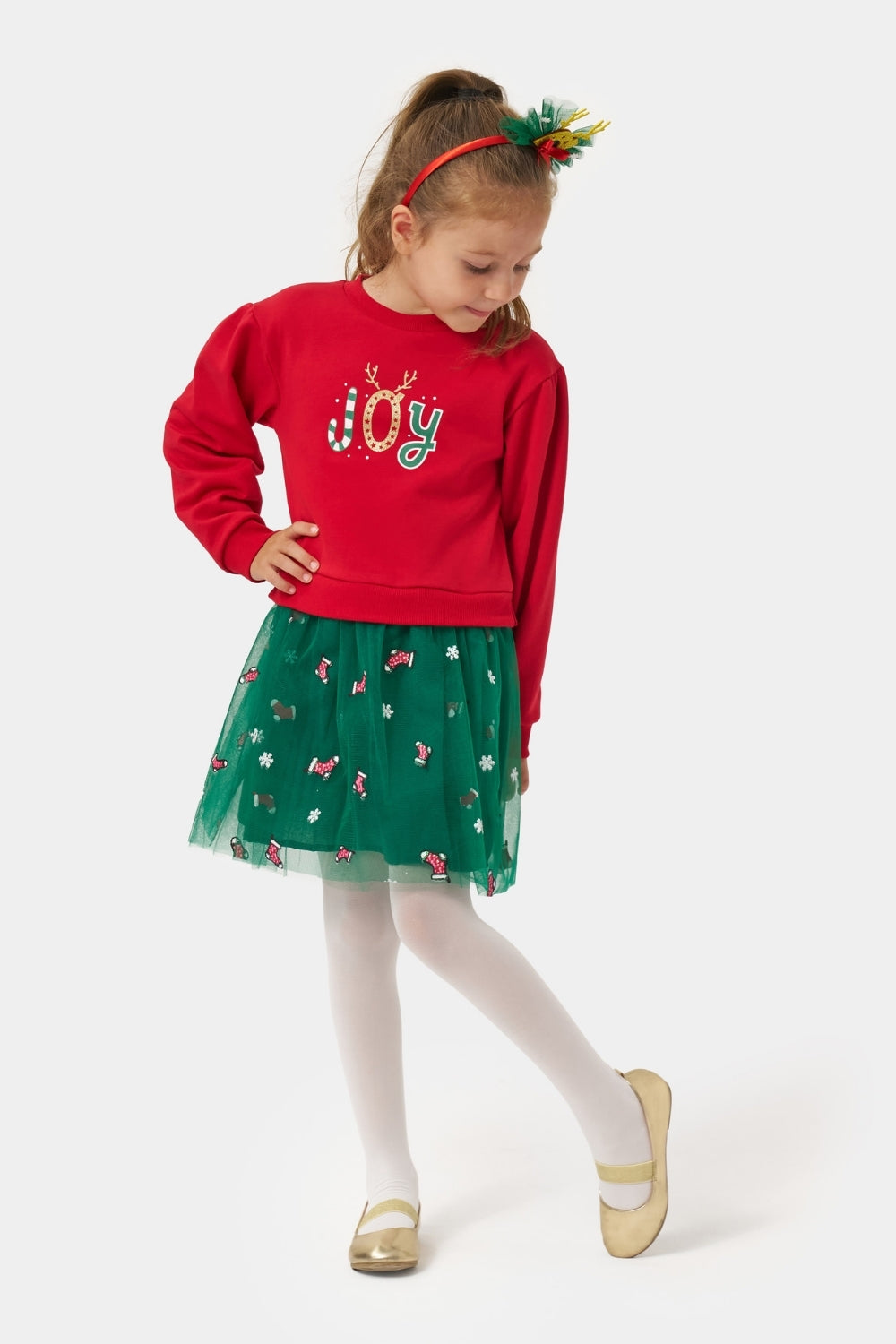 Kırmızı  Joy Baskılı Tül Etekli Kız Çocuk Elbise - Fragile