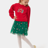 Kırmızı  Joy Baskılı Tül Etekli Kız Çocuk Elbise - Fragile