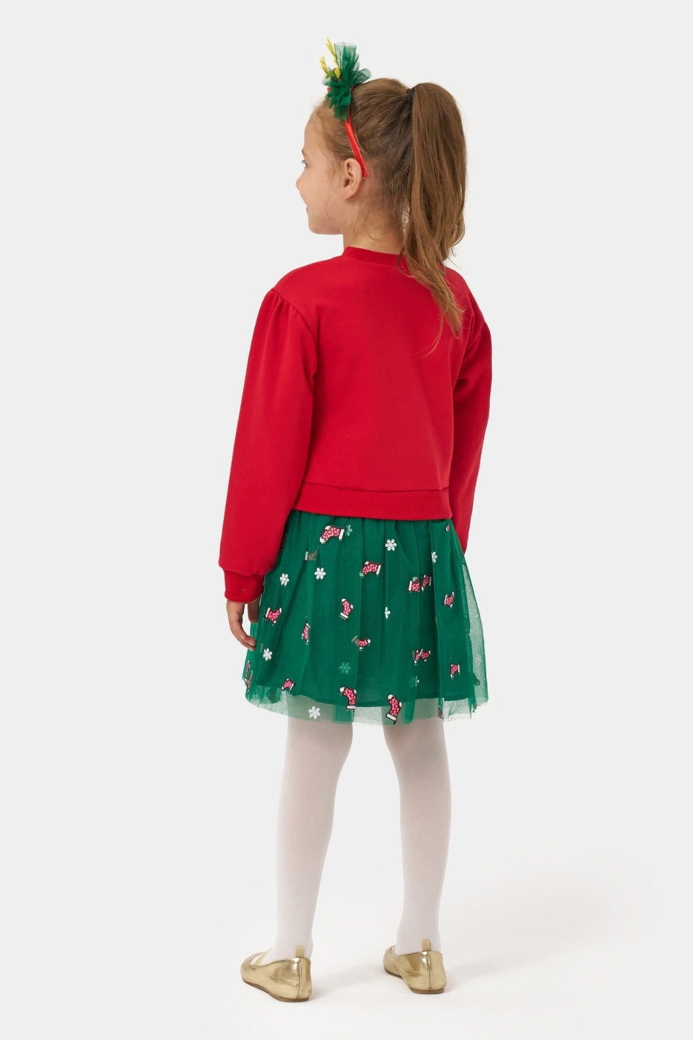 Kırmızı  Joy Baskılı Tül Etekli Kız Çocuk Elbise - Fragile