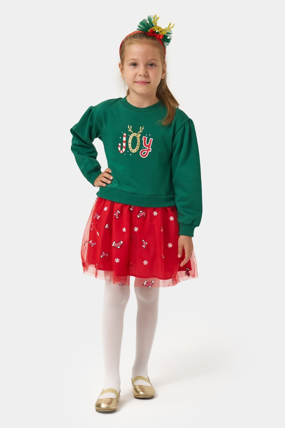 Yeşil  Joy Baskılı Tül Etekli Kız Çocuk Elbise - Fragile