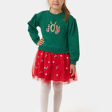 Yeşil  Joy Baskılı Tül Etekli Kız Çocuk Elbise - Fragile