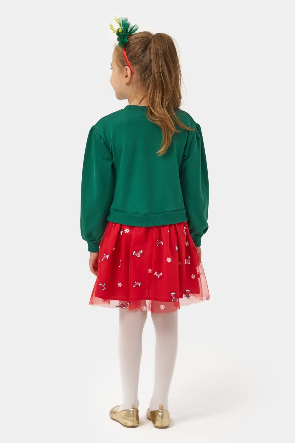 Yeşil  Joy Baskılı Tül Etekli Kız Çocuk Elbise - Fragile