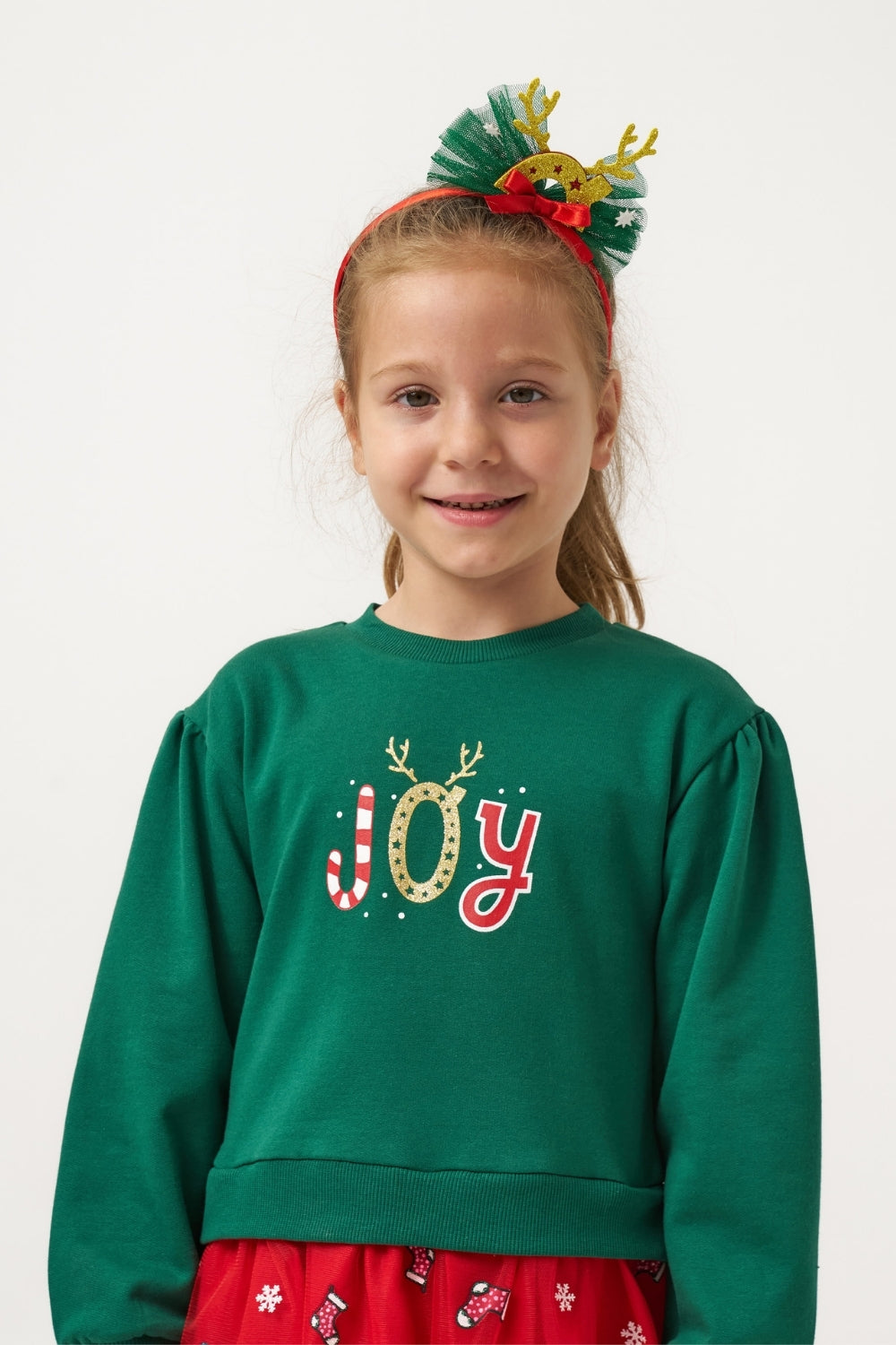 Yeşil  Joy Baskılı Tül Etekli Kız Çocuk Elbise - Fragile