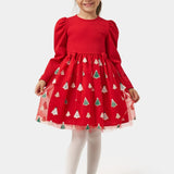 Kırmızı  Eteği Çam Ağaçlı Kız Çocuk Elbise - Nomi
