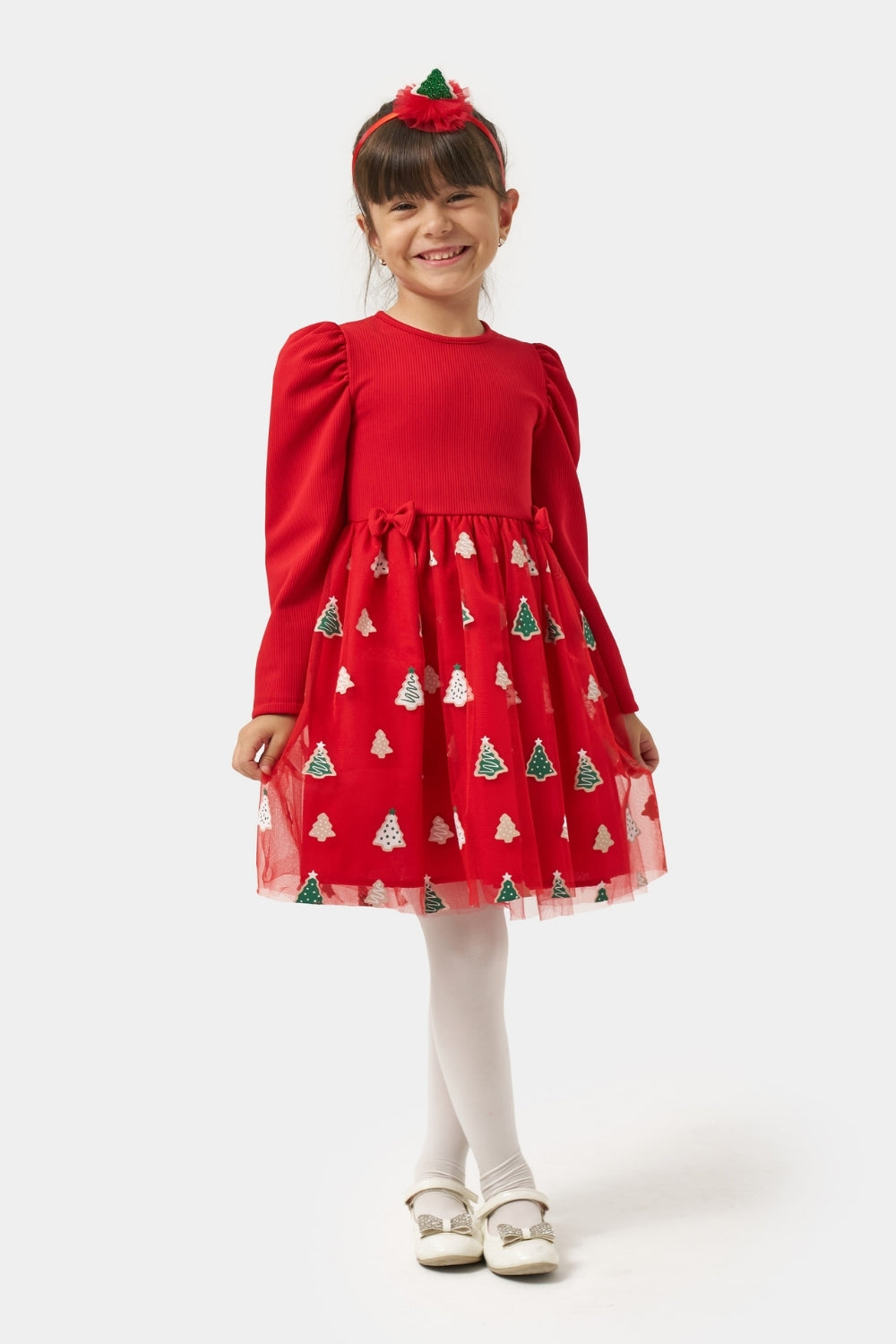 Kırmızı  Eteği Çam Ağaçlı Kız Çocuk Elbise - Nomi