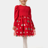 Kırmızı  Eteği Çam Ağaçlı Kız Çocuk Elbise - Nomi