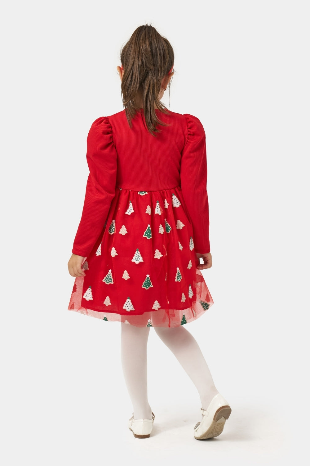 Kırmızı  Eteği Çam Ağaçlı Kız Çocuk Elbise - Nomi