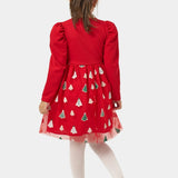 Kırmızı  Eteği Çam Ağaçlı Kız Çocuk Elbise - Nomi
