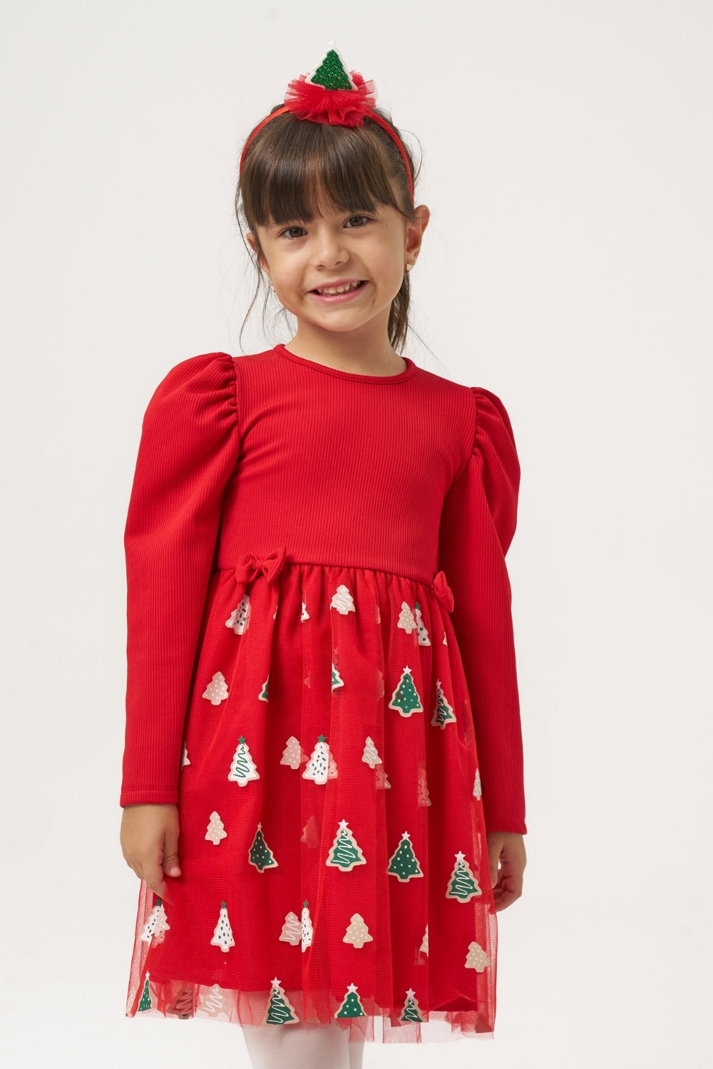 Kırmızı  Eteği Çam Ağaçlı Kız Çocuk Elbise - Nomi