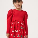 Kırmızı  Eteği Çam Ağaçlı Kız Çocuk Elbise - Nomi