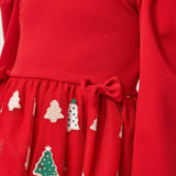 Kırmızı  Eteği Çam Ağaçlı Kız Çocuk Elbise - Nomi