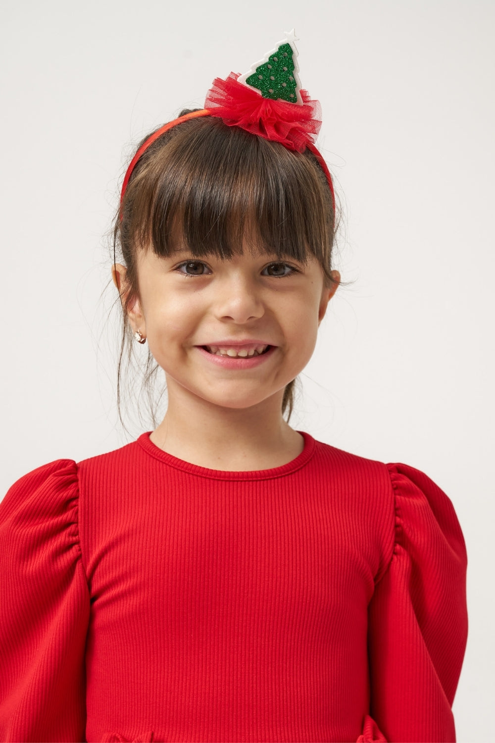 Kırmızı  Eteği Çam Ağaçlı Kız Çocuk Elbise - Nomi