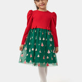 Yeşil  Eteği Çam Ağaçlı Kız Çocuk Elbise - Nomi