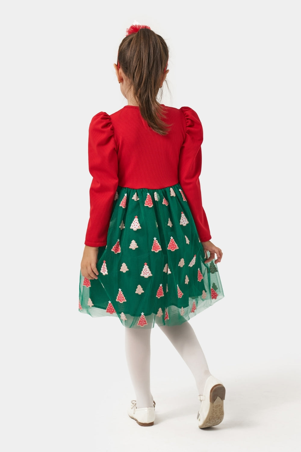 Yeşil  Eteği Çam Ağaçlı Kız Çocuk Elbise - Nomi