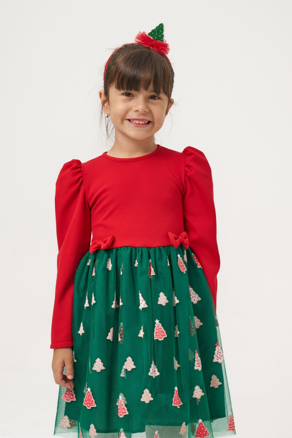 Yeşil  Eteği Çam Ağaçlı Kız Çocuk Elbise - Nomi