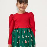 Yeşil  Eteği Çam Ağaçlı Kız Çocuk Elbise - Nomi