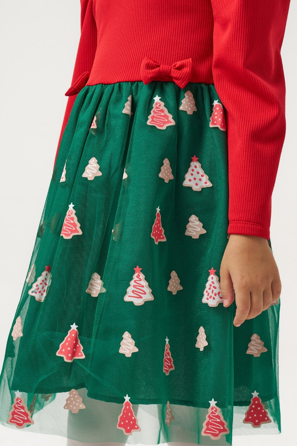 Yeşil  Eteği Çam Ağaçlı Kız Çocuk Elbise - Nomi