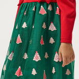 Yeşil  Eteği Çam Ağaçlı Kız Çocuk Elbise - Nomi