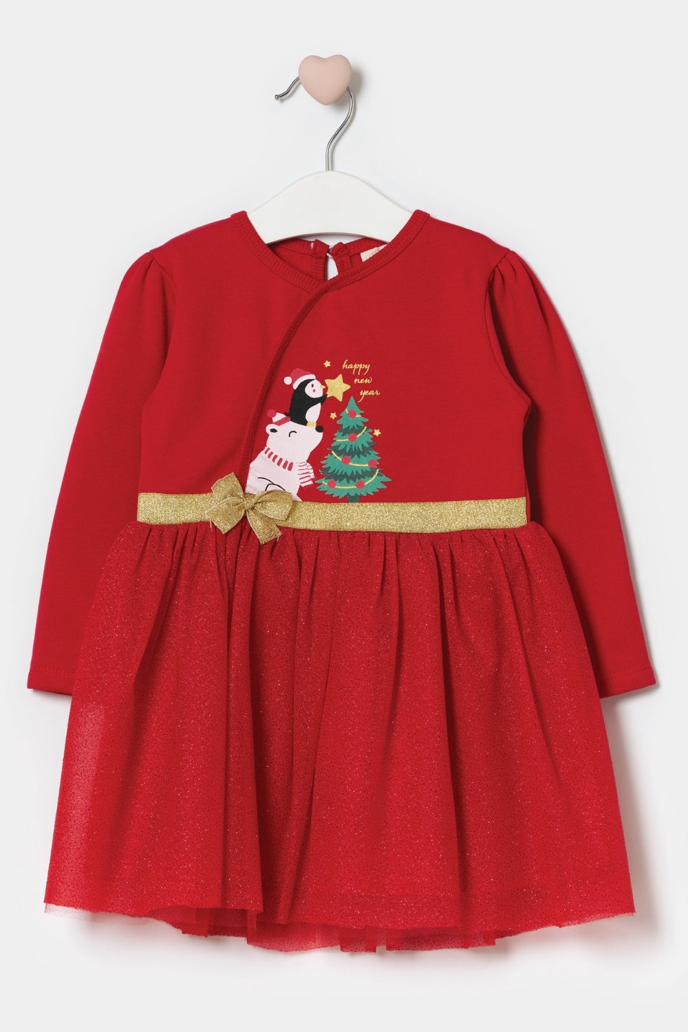 Kırmızı  Çam Ağacı Baskılı Tül Etekli Kız Bebek Elbise - Betty